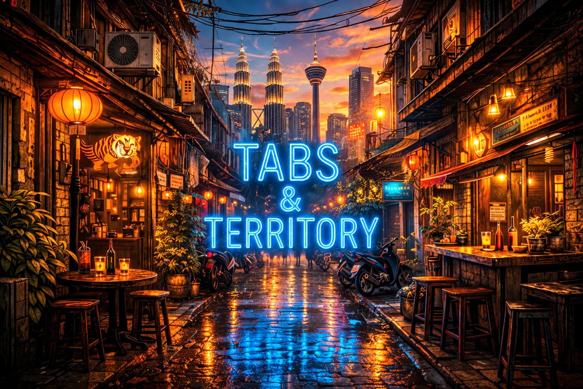 The Tabs & Territory neon sign glowing blue in a lantern-lit Kuala Lumpur alley at sunset, the Petronas Towers behind
